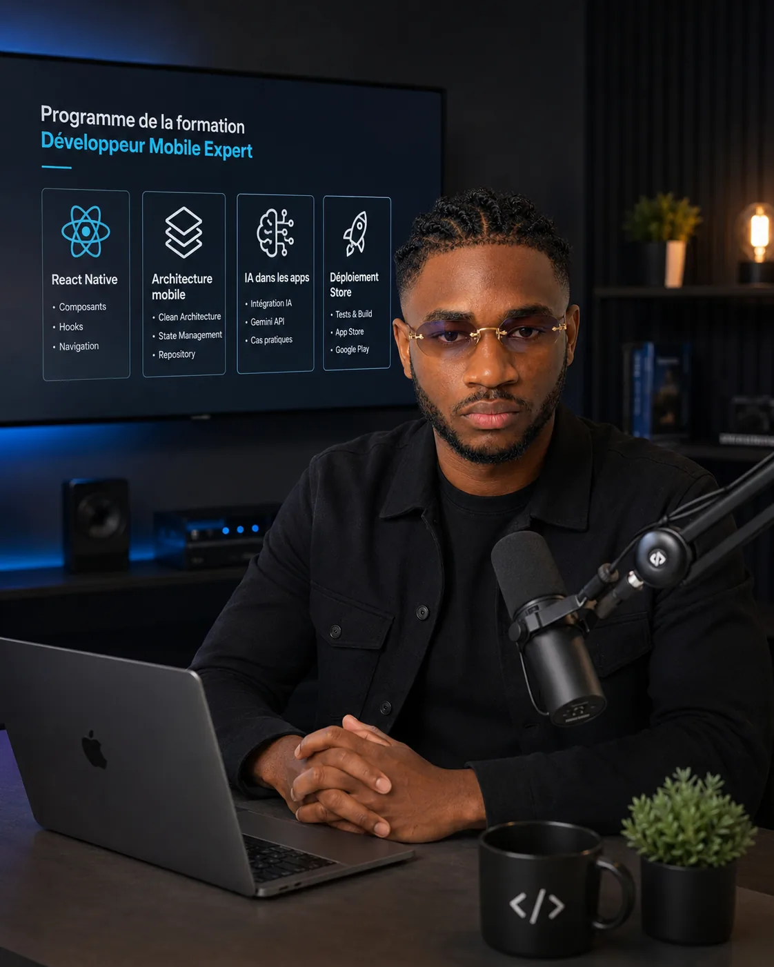 Kevin Dissang dans son studio, devant le programme de la formation Développeur Mobile Expert